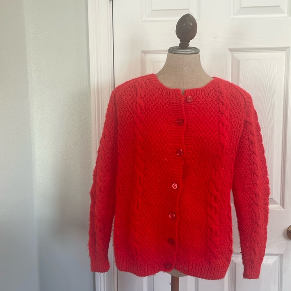 Handmade chunky cable knit red cardigan sweater handcrafted women’s size M men S